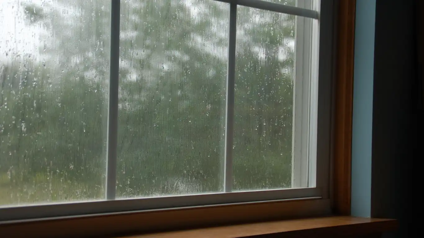 雨が降っているのを家の中から見ている
