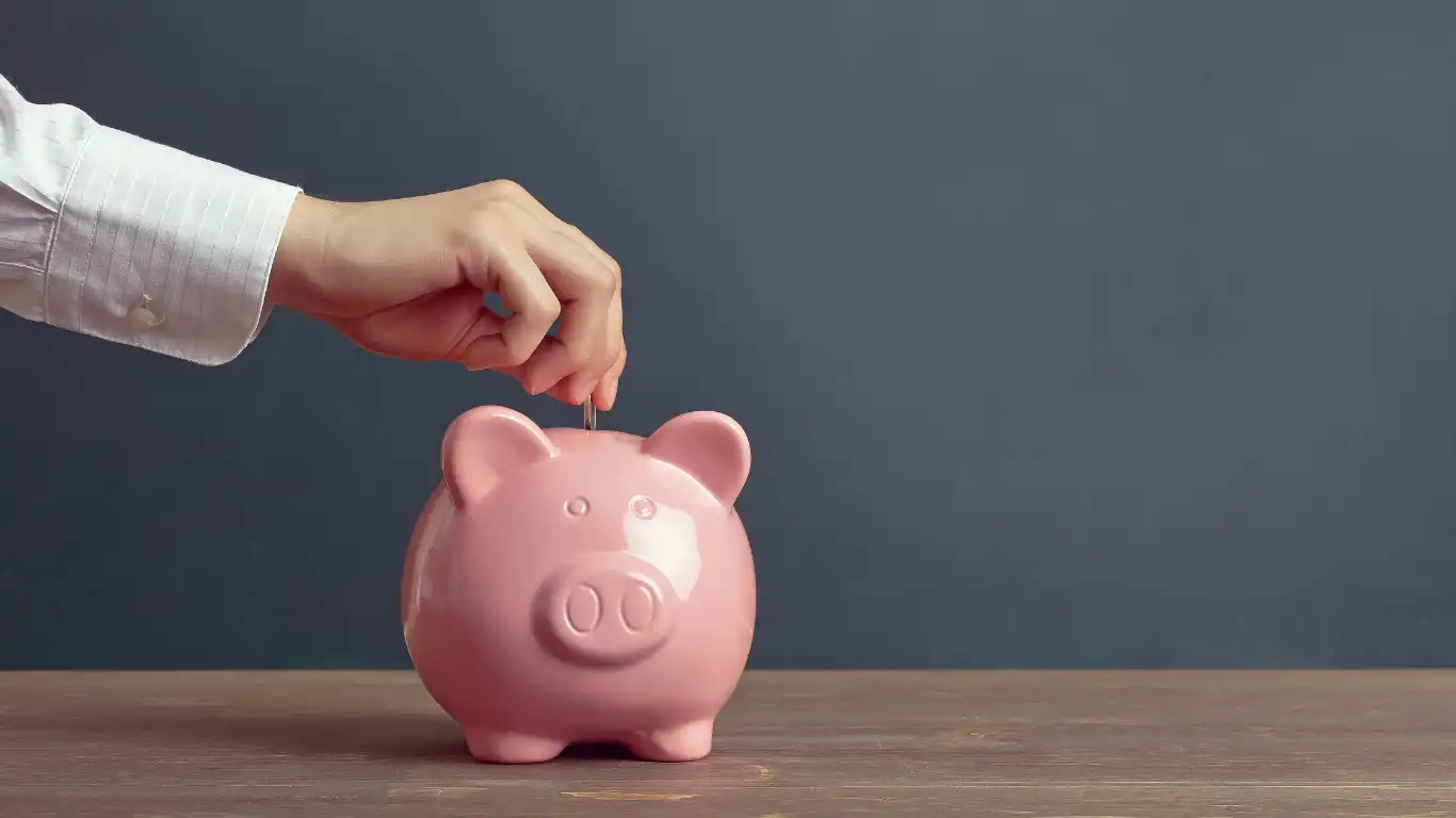 ピンクの豚の貯金箱に小銭を入れている