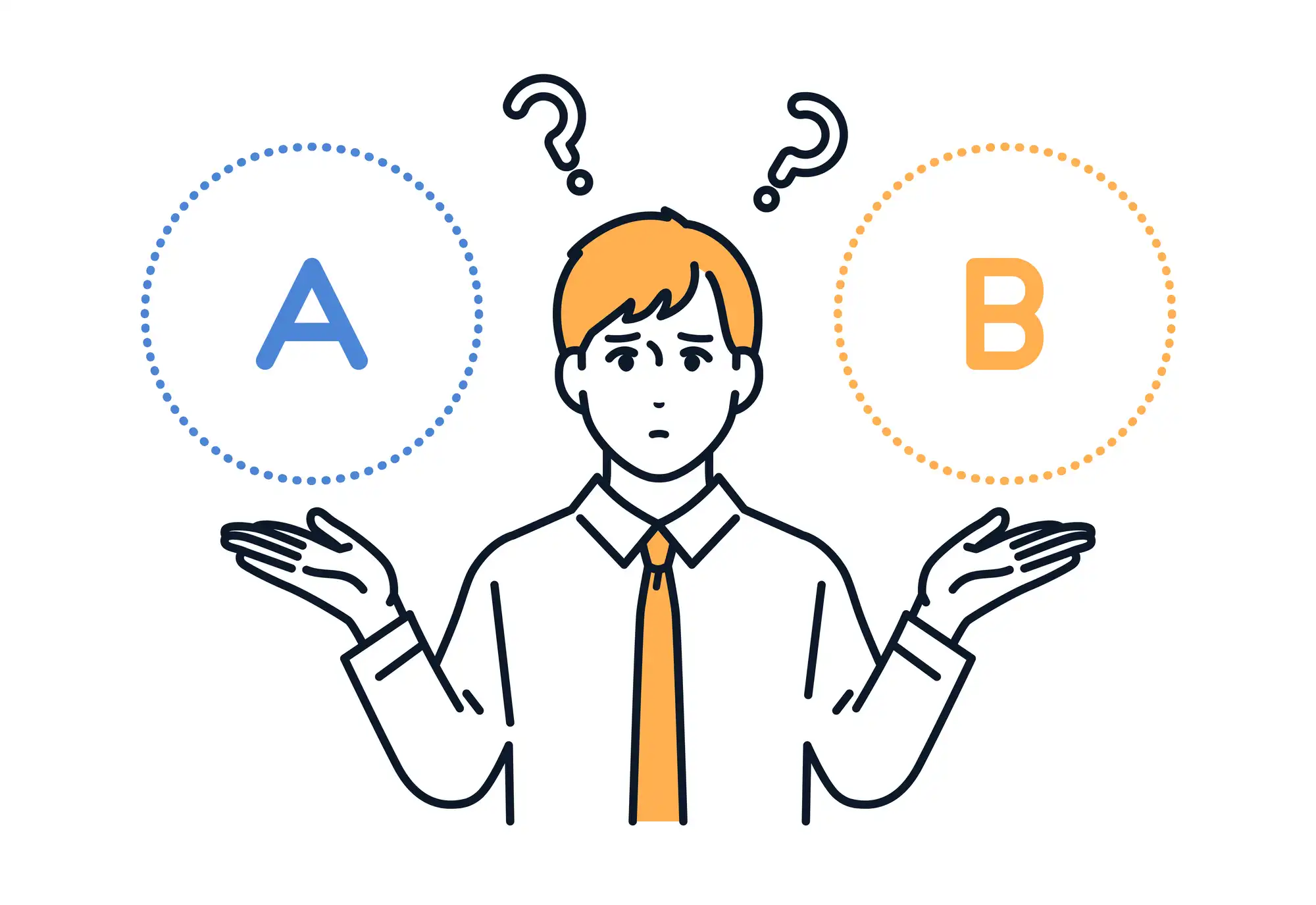 AとBどちらかで迷っている男性のイラスト