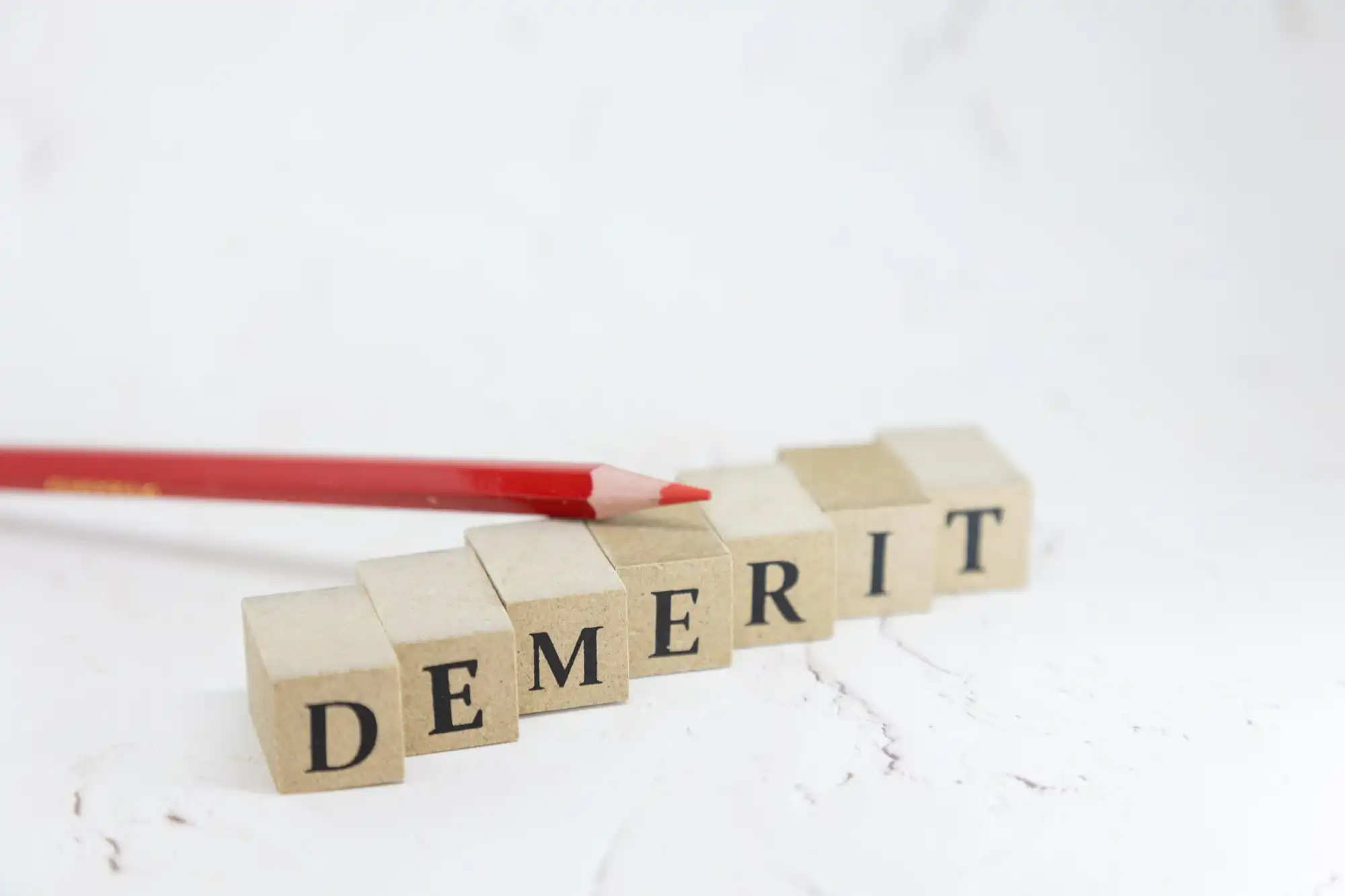 DEMERITと書かれた積み木と赤鉛筆