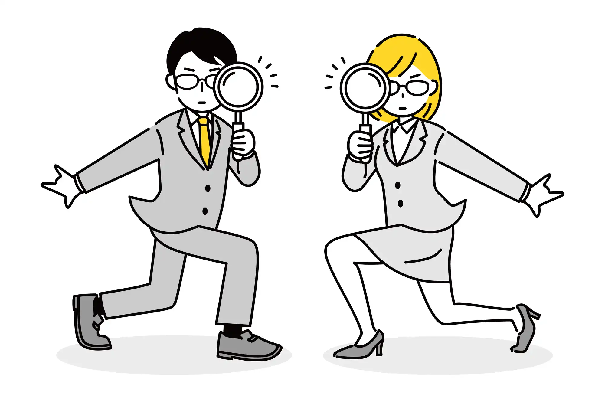 虫眼鏡を持って見ている男女のイラスト